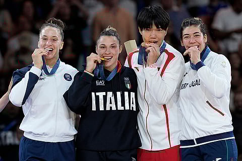 Medal ceremony for women's -78 kg event in the team judo competition